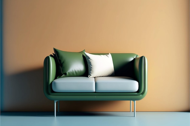 Photo modern green sofa with pillows concept in a room with natural lighting on brown wall background