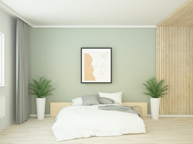 木製パネルと白い寝具枕を備えたモダンな緑の壁のベッドルーム