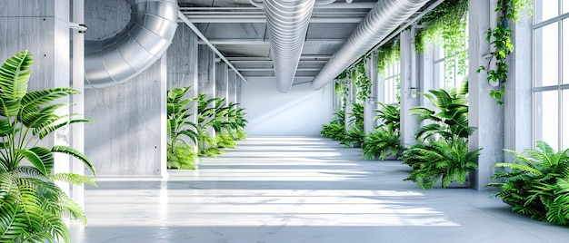 Modern Greenhouse Corridor Sunlit Pathway Surrounded by Lush Plants in an Urban Farm Setting