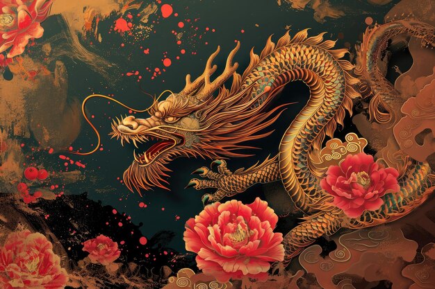 Modern greeting cards and backgrounds for Chinese New Year with dragon space for text