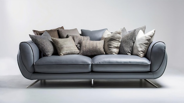 Современный диван из серой ткани с подушками, изолированными на белом