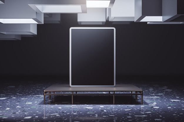 Modern grunge interior with blank mock up tablet on pedestal pedestal 3D Rendering