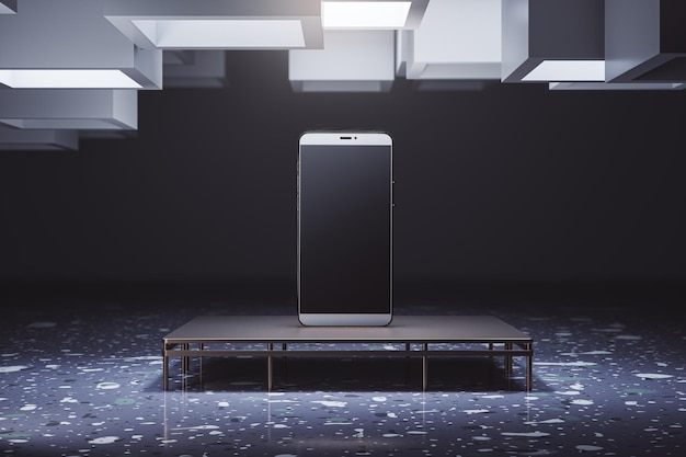 Modern grunge interior with empty mock up mobile phone on pedestal pedestal 3D Rendering