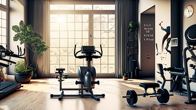 Modern gym center with indoor cycling equipment and health club with exercise equipment