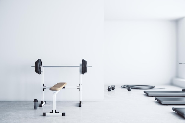 Modern gym interior with empty mockup place equipment and daylight Mock up 3D Rendering