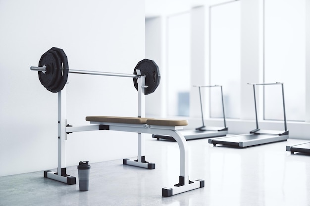 Modern gym interior with equipment city view and daylight 3D Rendering