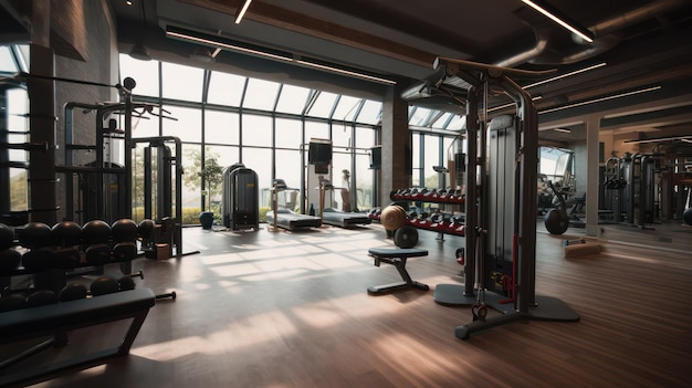 Modern gym interior with a lot of equipment in it