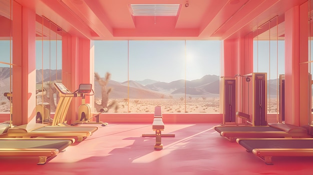 사진 핑크색 조명을 가진 현대적인 체육관 배경에는 사막 풍경을 바라보는 창문이 있습니다.