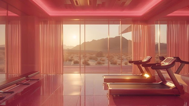 핑크색 조명을 가진 현대적인 체육관 배경에는 사막 풍경을 바라보는 창문이 있습니다.