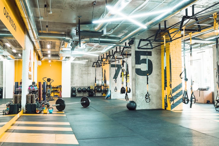 Foto modern gymnastiekbinnenland met oefeningsmateriaal