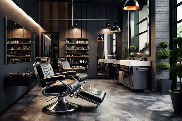 Современный салон красоты с темным дизайном роскошный интерьер парикмахерской