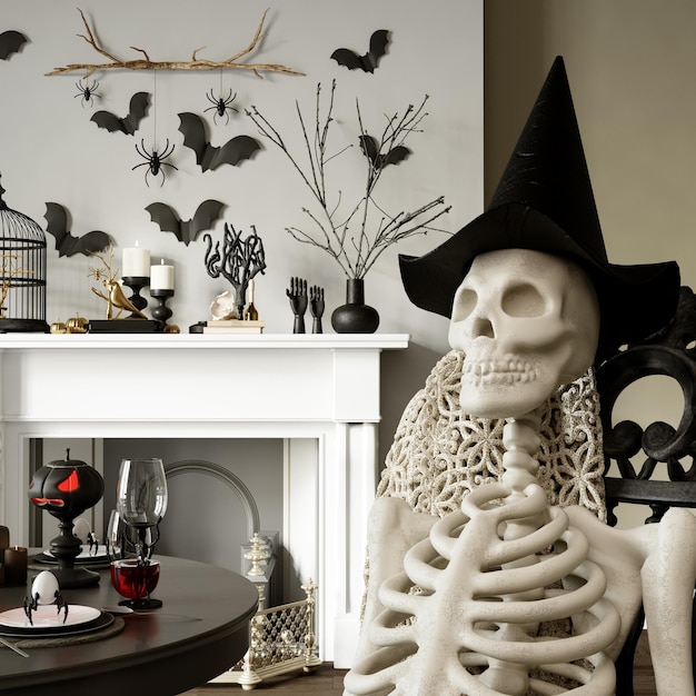 Photo modern halloween living room interior 3d rendering