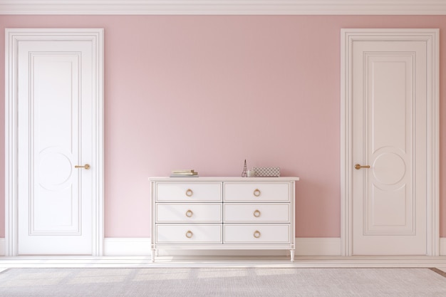 Modern hallway. White dresser near pink wall. Interior mockup. 3d render.