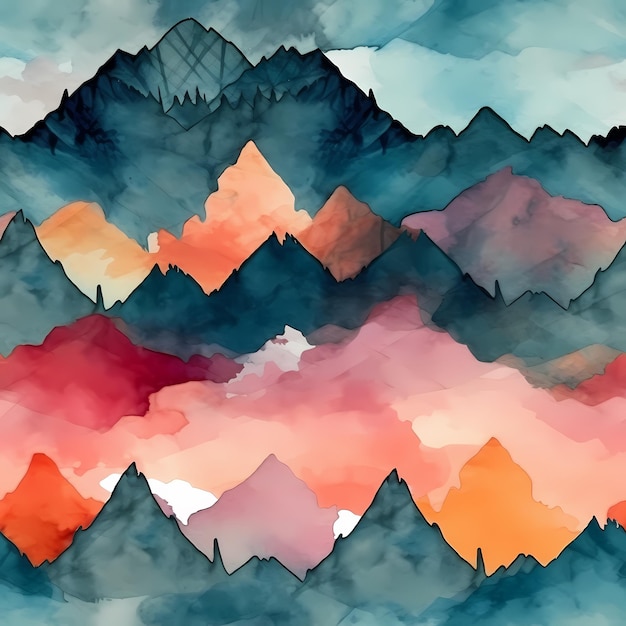 Фото Современный ручной рисунок пейзаж с красочным горным акварельным дизайном generative ai
