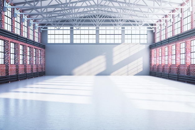 Modern hangar interior with red brick