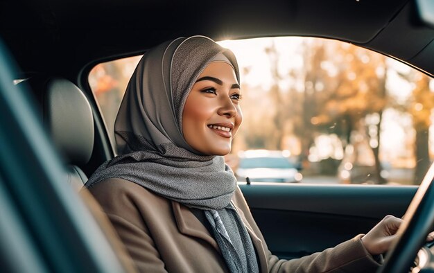 Современная счастливая чернокожая мусульманская женщина в хиджабе сидит на сиденье водителя в машине, держа руль.