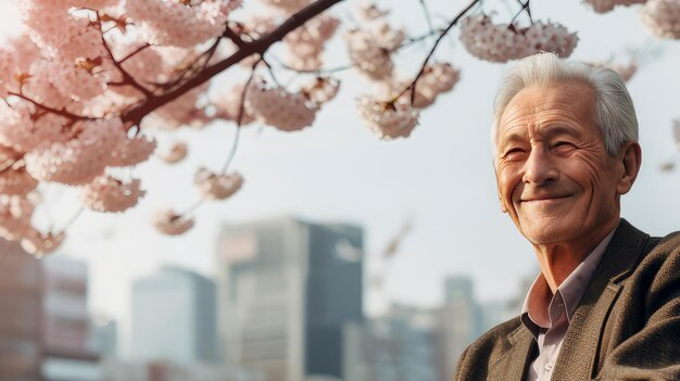 Modern happy elderly smiling man with a cup of coffee against the backdrop of pink cherry blossoms