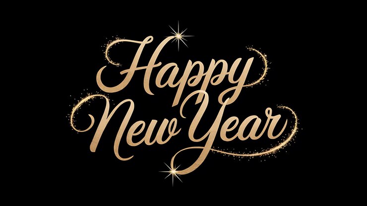 Photo modern happy new year greeting with golden cursive lettering and festive light trails on black bg