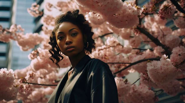 Modern happy young darkskinned African woman with cherry blossoms in the background of a metropolis city