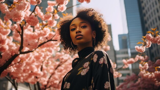 Modern happy young darkskinned African woman with cherry blossoms in the background of metropolis