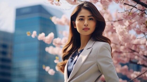 Modern happy young smiling Asian business woman against the backdrop of pink cherry blossoms and metropolis city