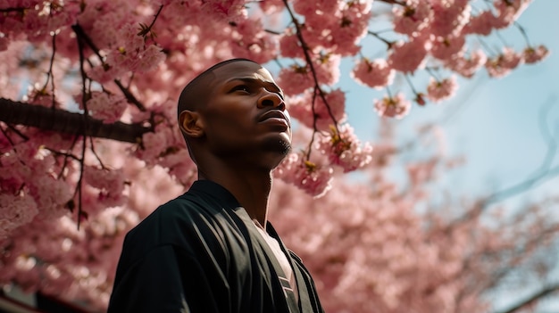 Modern happy young smiling darkskinned African man against the backdrop pink cherry blossoms and