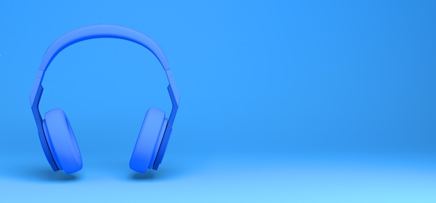 Modern headphones on blue background 3D illustration. Banner. Abstract.