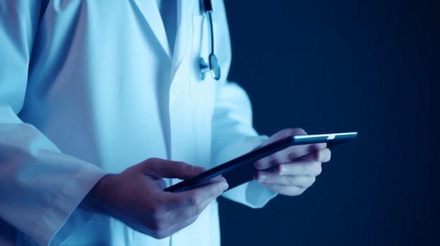 Modern healthcare doctor's digital tablet with blue background no face