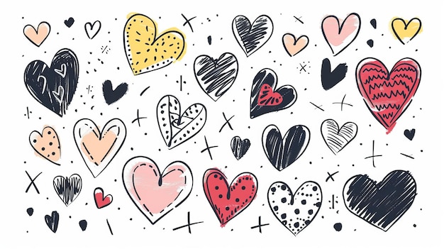 Photo modern heart doodle elements set hand drawn doodles of different hearts symbolizing love illustration design for print cartoon card decoration sticker icon valentine day