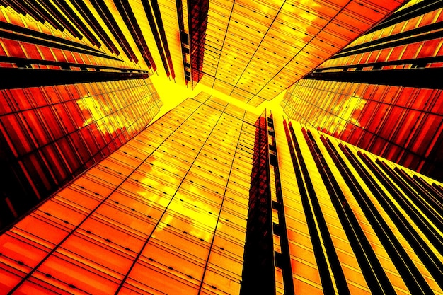 写真 赤い空のビジネスの成功と技術に対する近代的な高層ビル