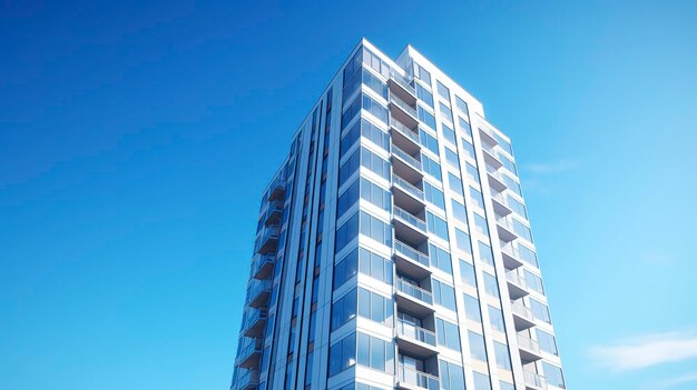 A modern high rise condominium building against a blue sky backdrop