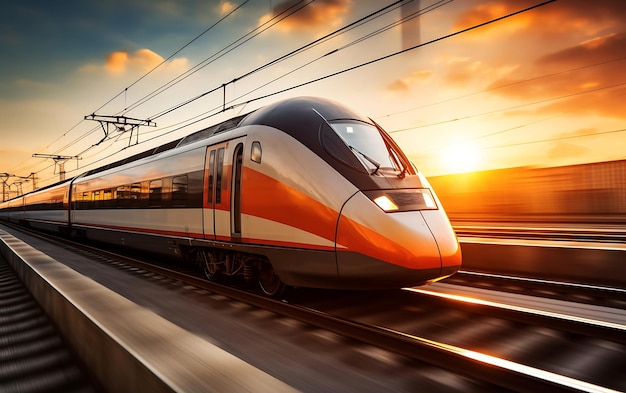 Modern high speed train on the railway at sunset 3d rendering