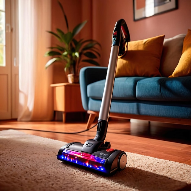 Photo modern high tech cordless vacuum cleaner showing new ways of home cleaning technology