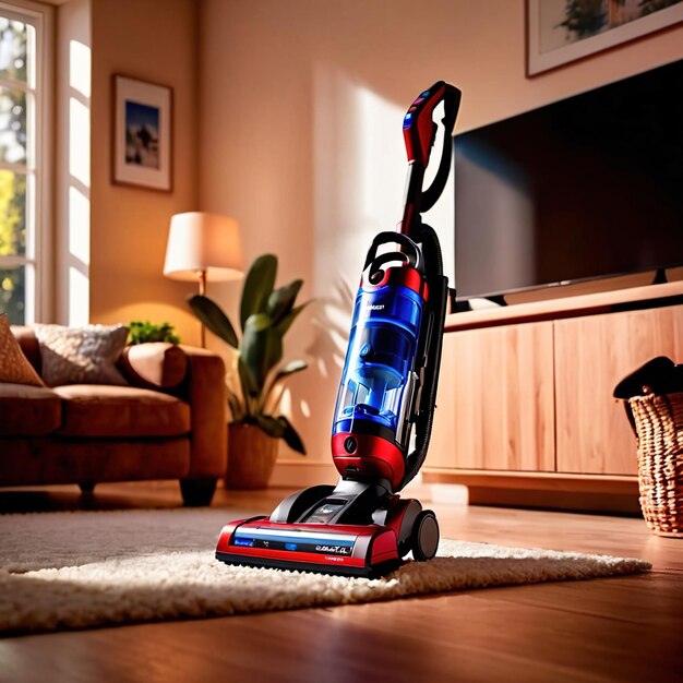 Photo modern high tech cordless vacuum cleaner showing new ways of home cleaning technology