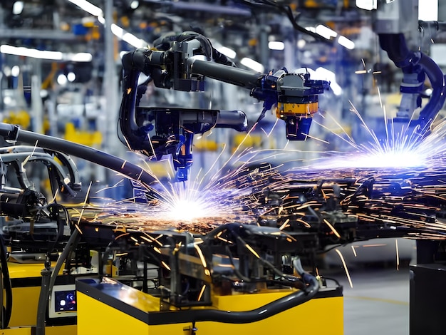 Современная высокотехнологичная промышленная роботизированная рука на производственной линии завода сваривается Генеративный ИИ