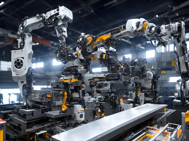 Modern High Tech Industrial Robotic arm on the factory production line production line is being welded Generative AI