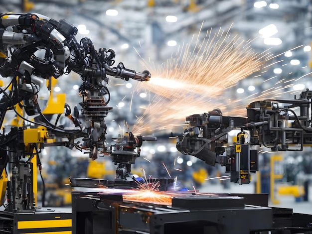 공장 생산 라인 생산 라인의 현대 첨단 산업용 로봇 팔이 용접되고 있습니다. Generative AI