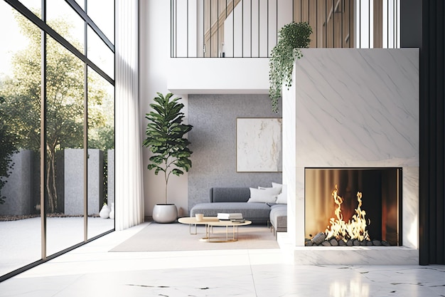 Modern highceiling living room with fireplace