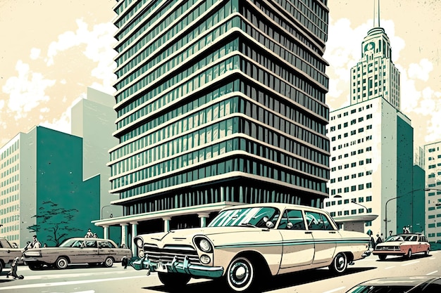 Modern highrise building in the background with vintage car driving past on busy street