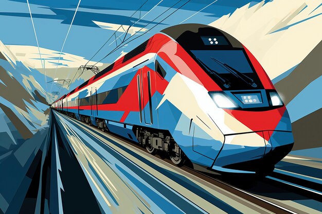 Современный высокоскоростной поезд движется по железнодорожным путям на фоне поля на закате. Высокоскоростной железнодорожный транспорт