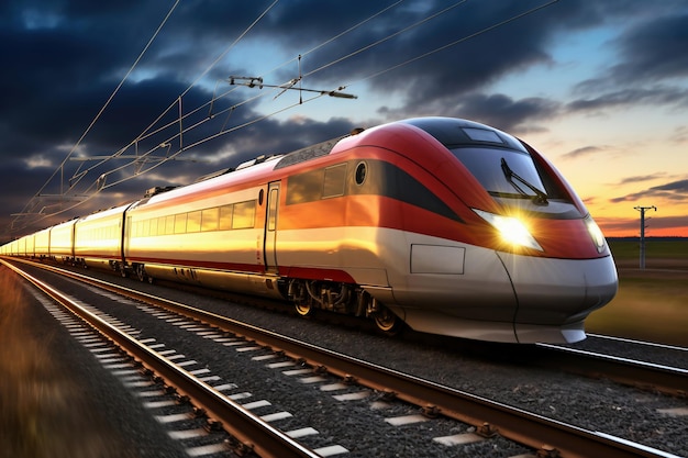 A modern highspeed train moves along the railway tracks in the evening against the backdrop of sunset Highspeed passenger rail transport