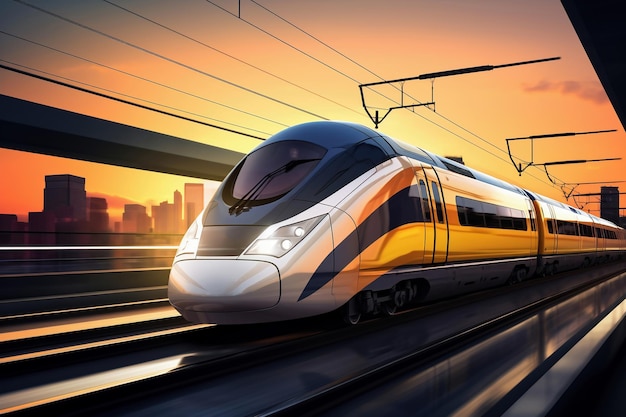 A modern highspeed train moves along the railway tracks in the evening against the backdrop of sunset Highspeed passenger rail transport