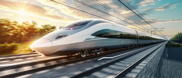 Фото Современные скоростные поезда на закате