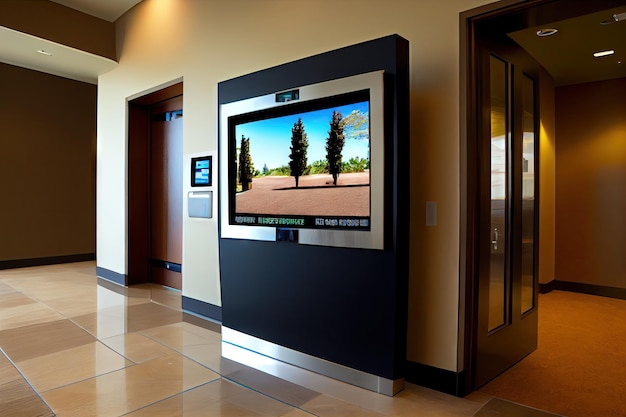 A modern hightech entrance with flat screen display and touch panel created with generative ai