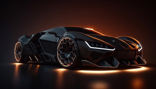 黒の背景にネオンの光を持つ現代のハイテク スポーツカー