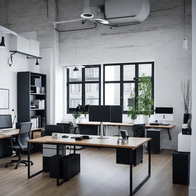 Modern in hipster style office interior with computers chairs and shelves with folders Workplace a