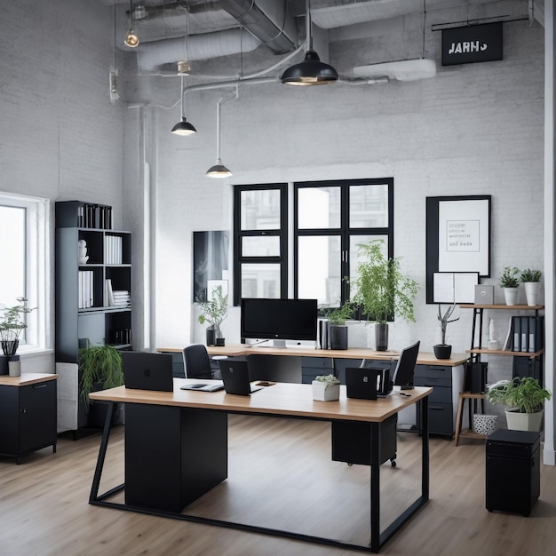 Photo modern in hipster style office interior with computers chairs and shelves with folders workplace a