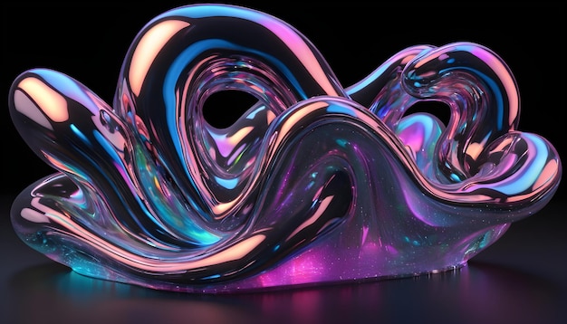 Modern holographic 3D fluid shapes isolated on a black background generated by AI