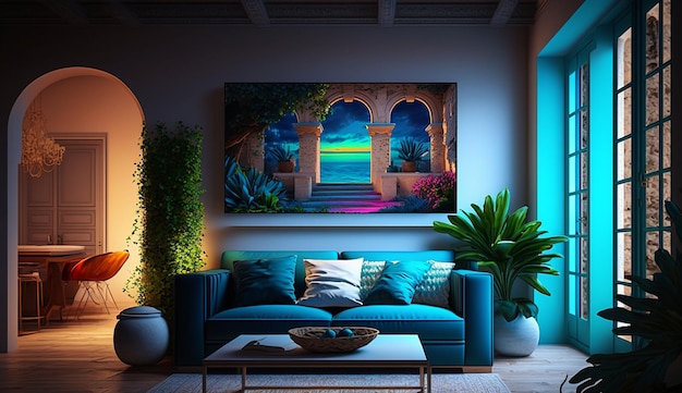 Premium AI Image | Modern home decor neon living room interior ...