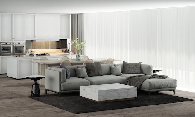 La casa moderna e la decorazione simulano mobili e design d'interni di un bel soggiorno, sala da pranzo e sala dispensa e sfondo bianco texture 3d rendering